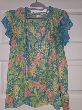 Rose & Olive Floral Blouse in Blue & Green Large Like New